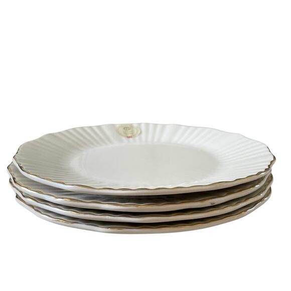 Eaton Fine Porcelain Aubrey Dinner Plates 10.5" Fluted Gold Accent Edge Set of 4 - Picture 4 of 13